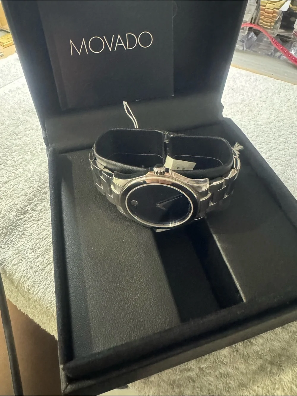 #184 Movado Men's Silver Watch with Blue Sunburst Dial